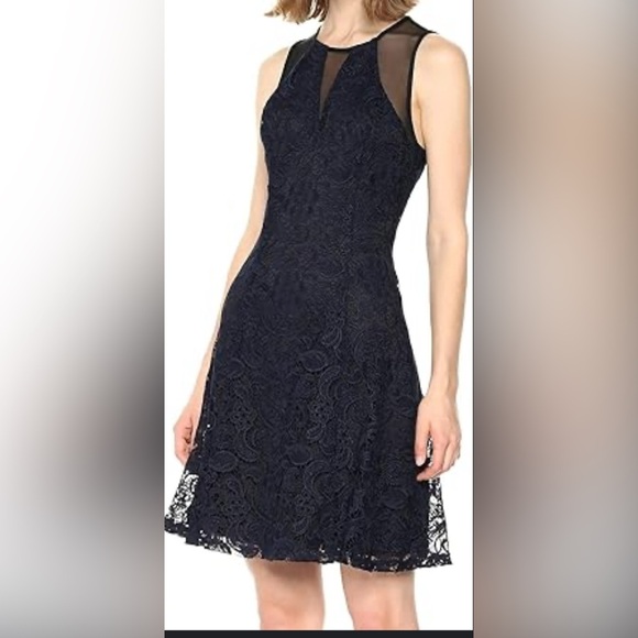 GUESS Women’s Illusion Lace Fit & Flare Dress Small Navy Blue Cocktail Party - Picture 9 of 9